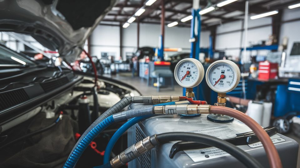 Airco-vulstation aangesloten op een auto