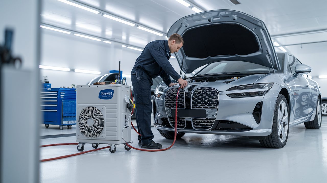 Monteur vult de airco van een auto bij in onze werkplaats